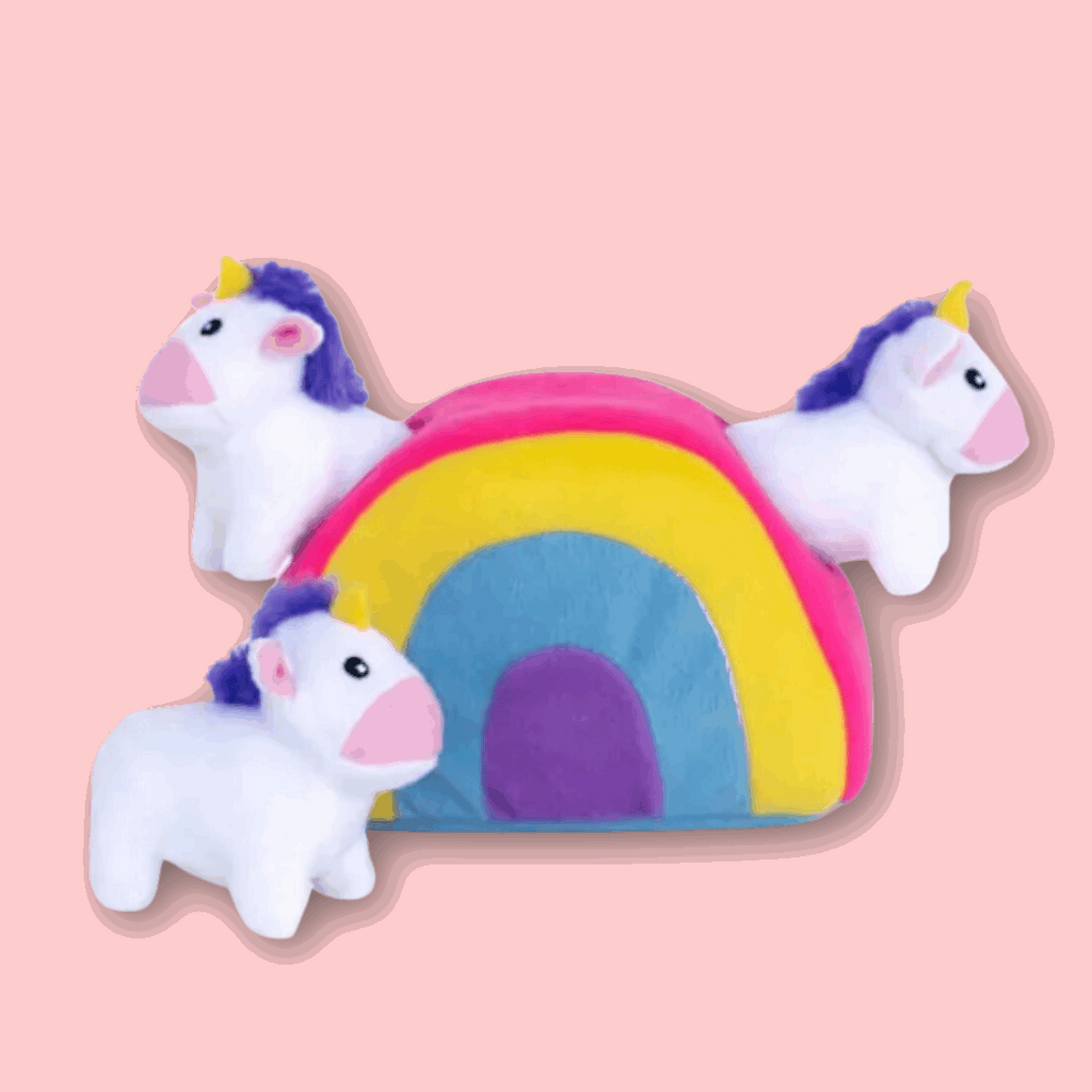 Rainbow & Unicorns Burrow Dog Toy – Interactive Fun | The Sociable Pup Company.
