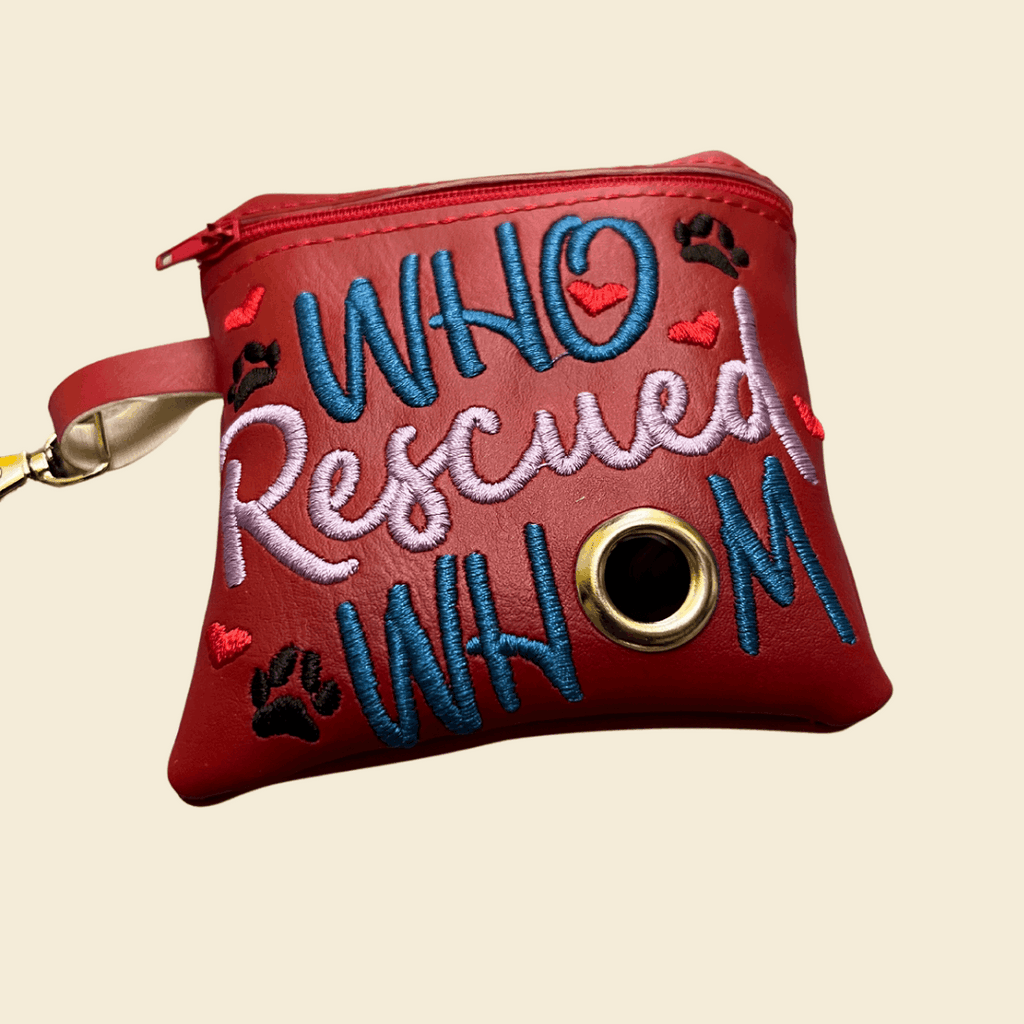 Who Rescued Who Handmade Dog Poop Bag Holder in Red | The Sociable Pup Company