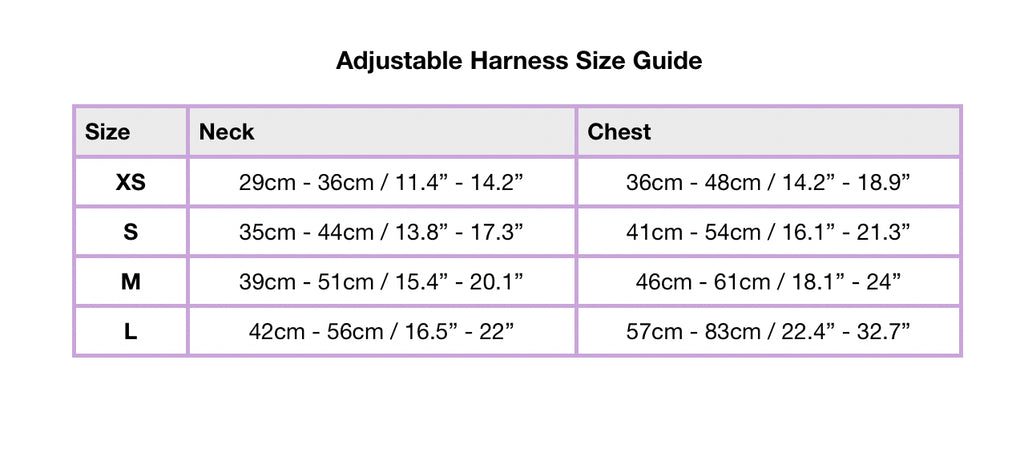 Adjustable Harness Size Chart